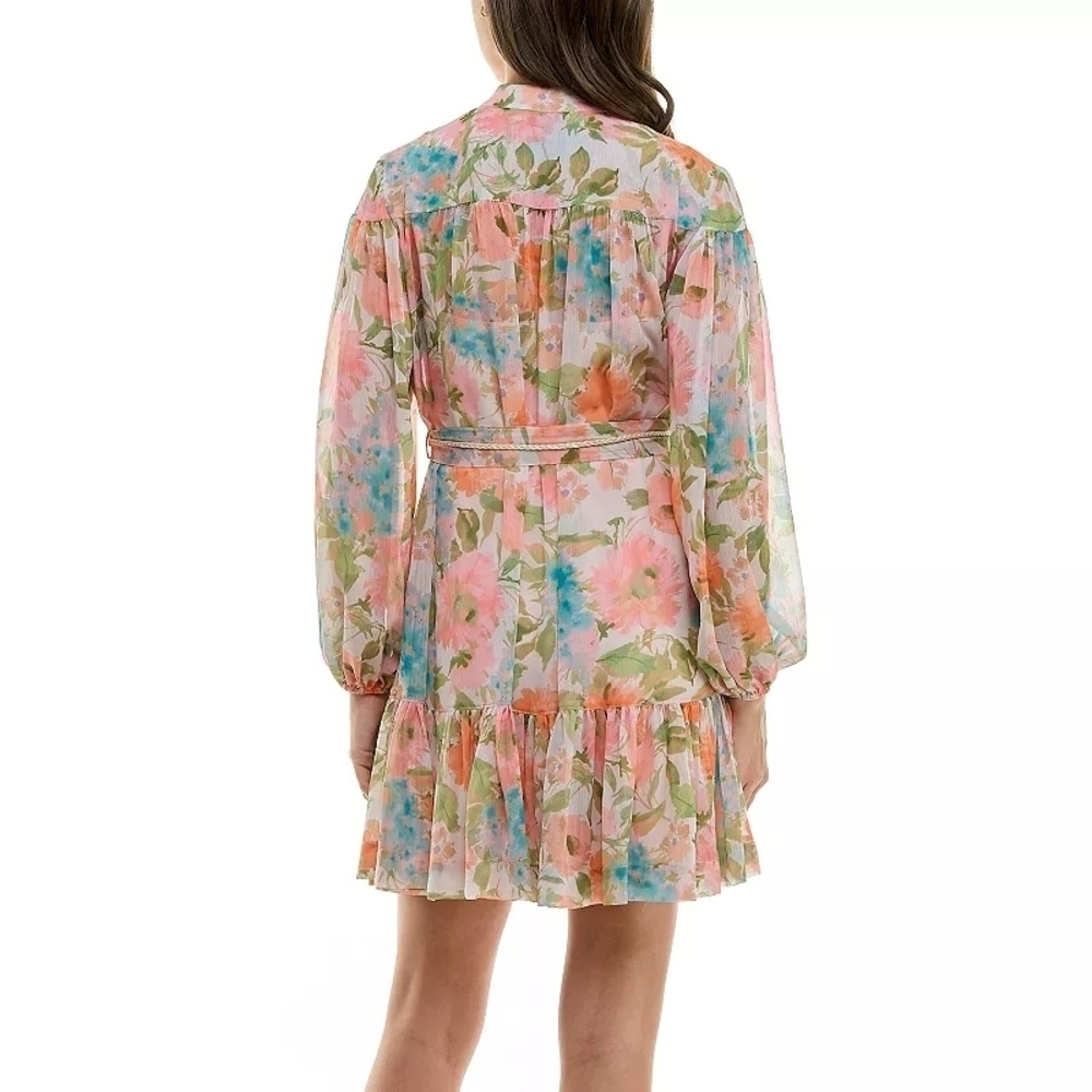 Taylor Pink and Orange Wrap Mini Dress with Bishop Sleeves - Picture 10 of 11
